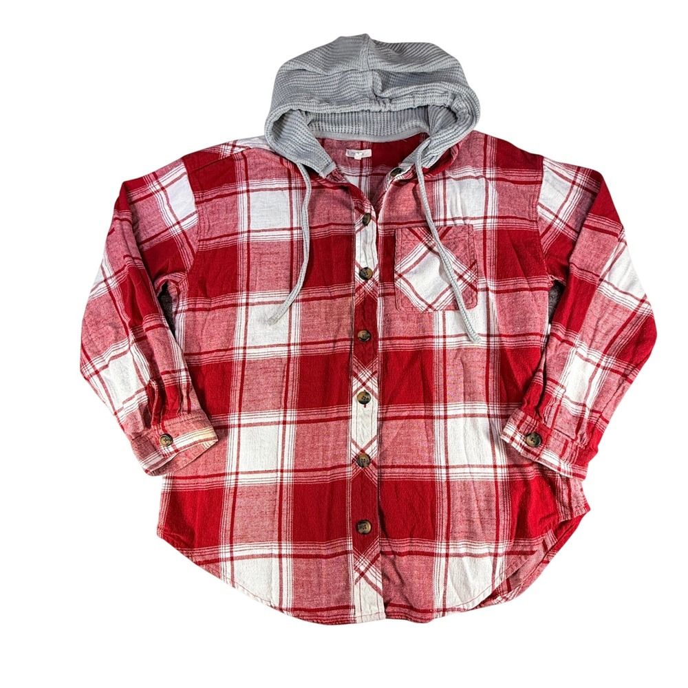 Maurices Women Plaid Flannel Hooded Button Down Shirt L Red White Cotton